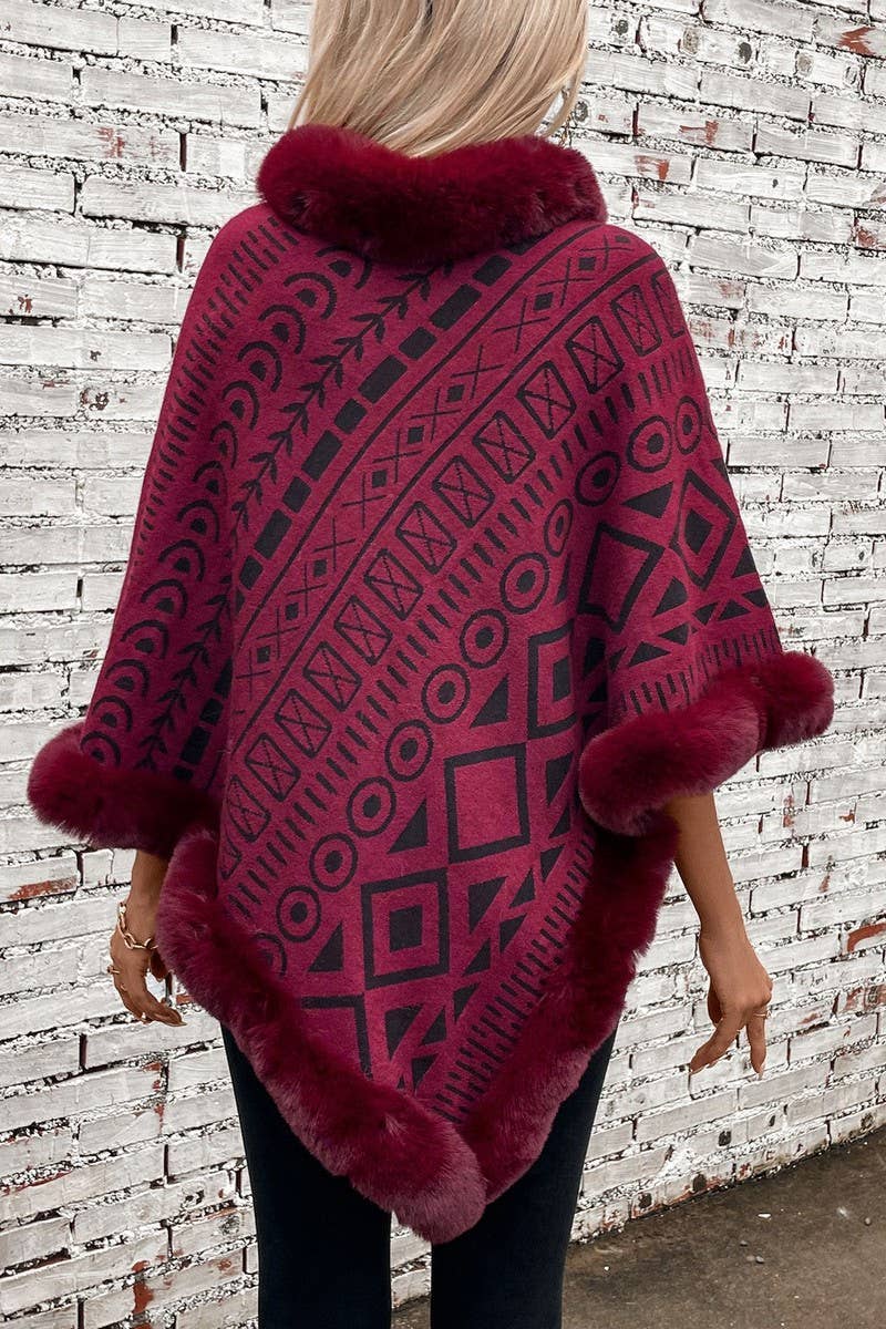 CWOSWS0094_FUR COLLAR GEOMETRIC PATTERN SWEATER SHAWL