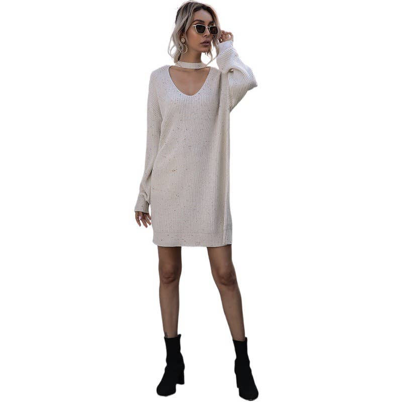 PULLOVER BIG V-NECK HOLLOW KNIT SWEATER DRESS