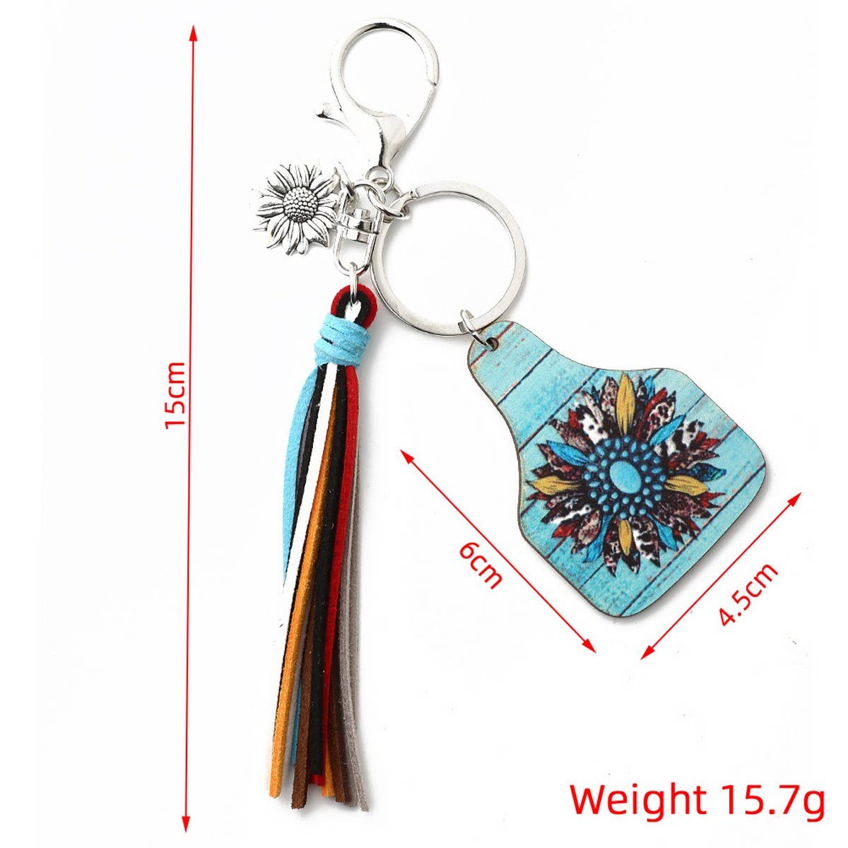 Western Bull Head Leather Tassel Sunflower Keychain_CWAB5089