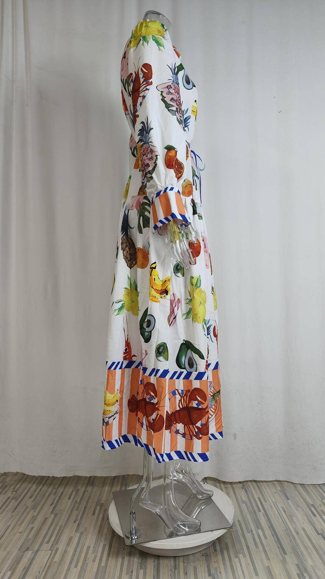 LANTERN SLEEVE PRINTED LAPEL LONG-SLEEVED DRESS