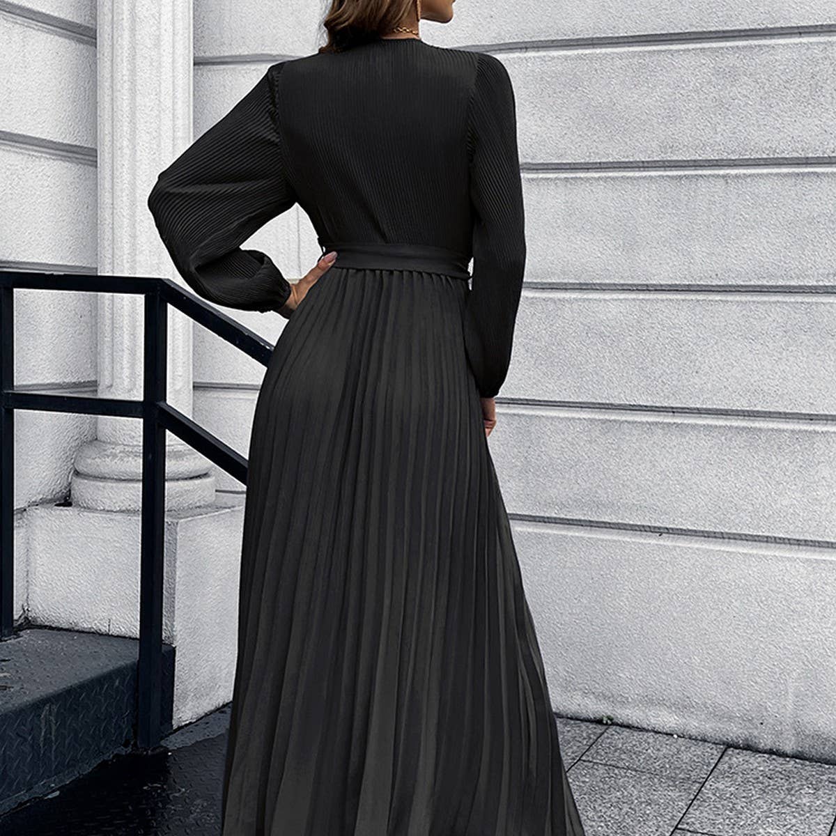 V-neck long sleeve pleated A-line long dress