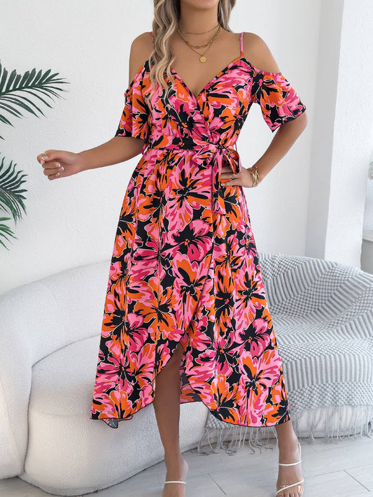 Off-the-shoulder cross-neck printed halter dress