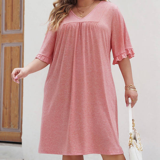 SOLID COLOR PLUSSIZE CHIFFON V NECK CASUAL DRESS_CWDSD3143