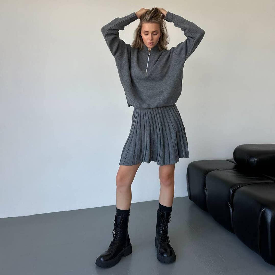 Two-piece knitted sweater and short skirt set