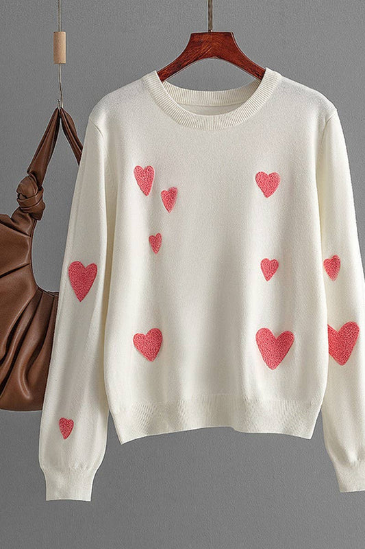 CWOSWL07294_HEART EMBROIDERED FLOCKED KNIT PULLOVER SWEATER