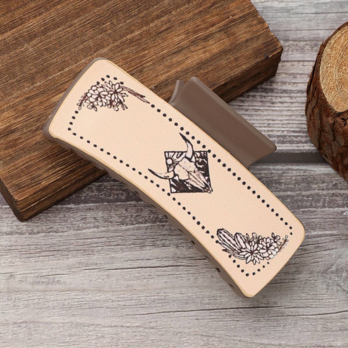 Western Bull Print Leather Hair Claw for Women