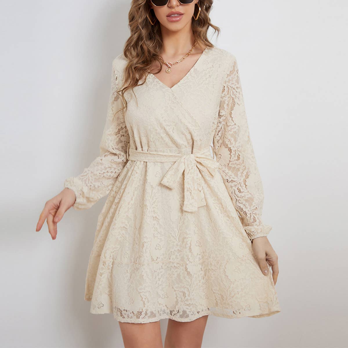 V-NECK STYLE LACE-UP LONG-SLEEVED DRESS