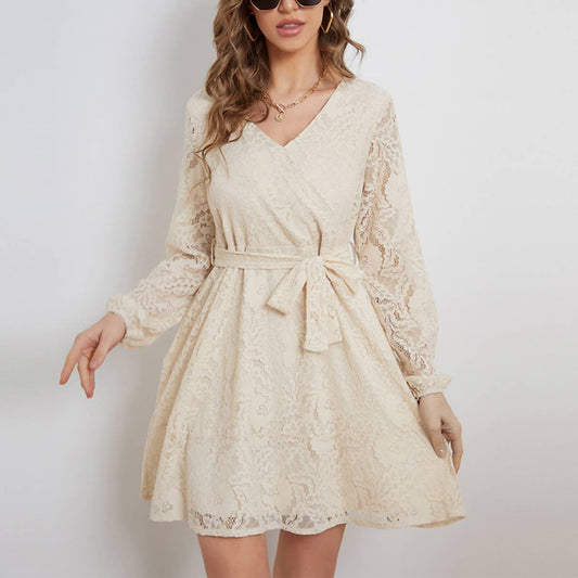 V-NECK STYLE LACE-UP LONG-SLEEVED DRESS