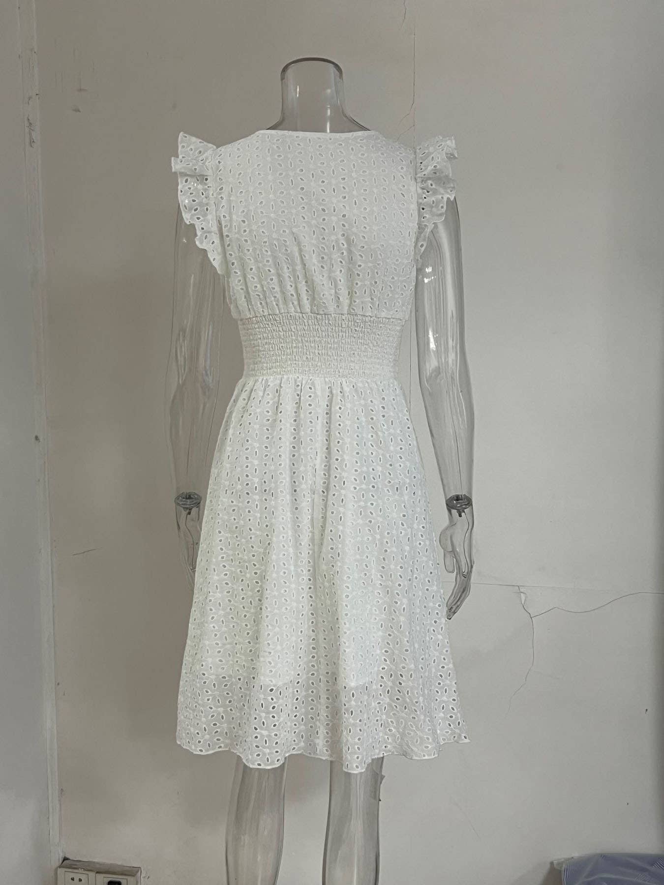 V-neck hollowed-out floral cinched-waist dress