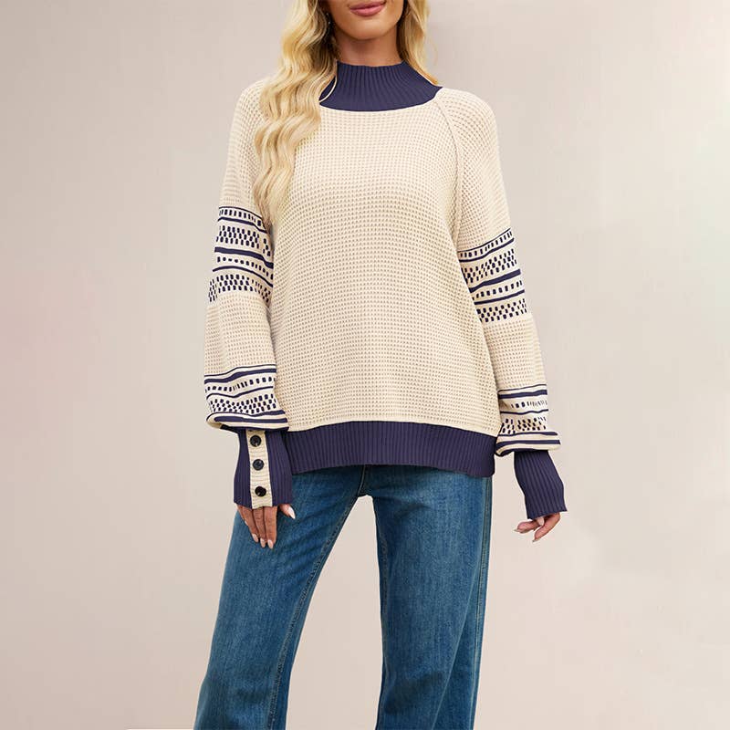 Knitted color-blocked semi-high-neck sweater