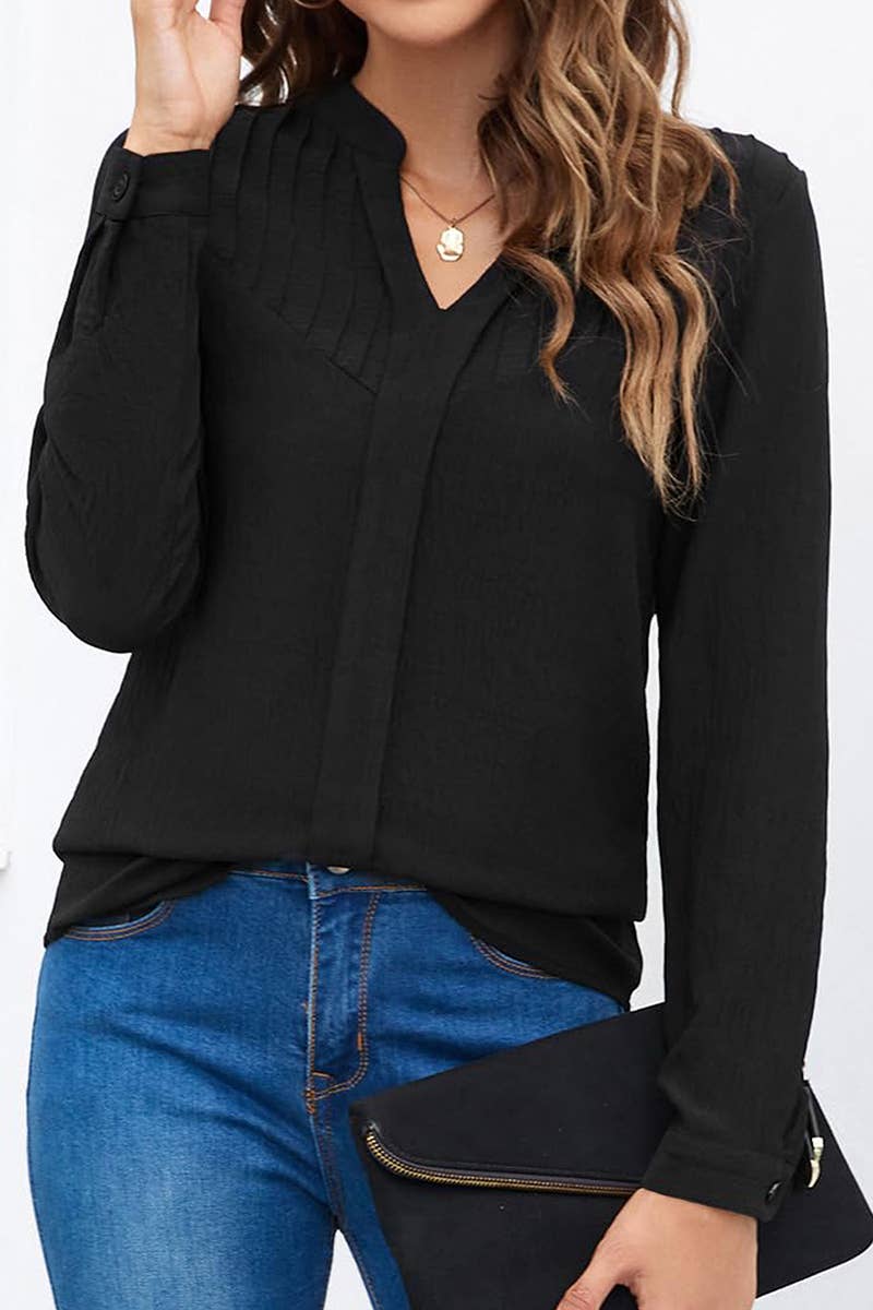 SMALL STAND COLLAR V-NECK PLEATED CASUAL SHIRT