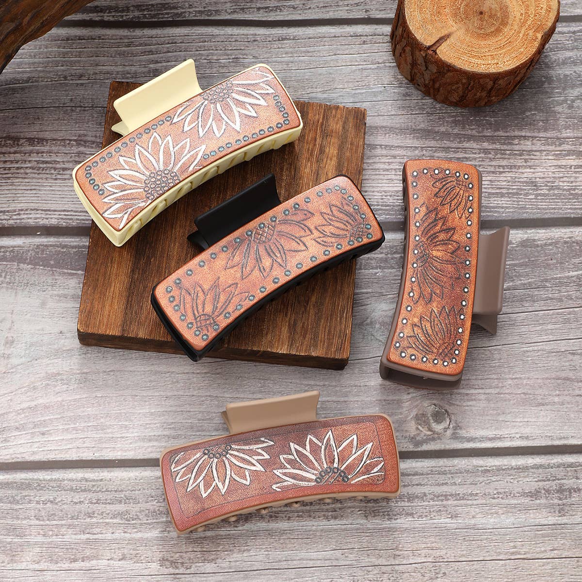 LEATHER SUNFLOWER PATTERN WESTERN HAIR CLAW CLIPS