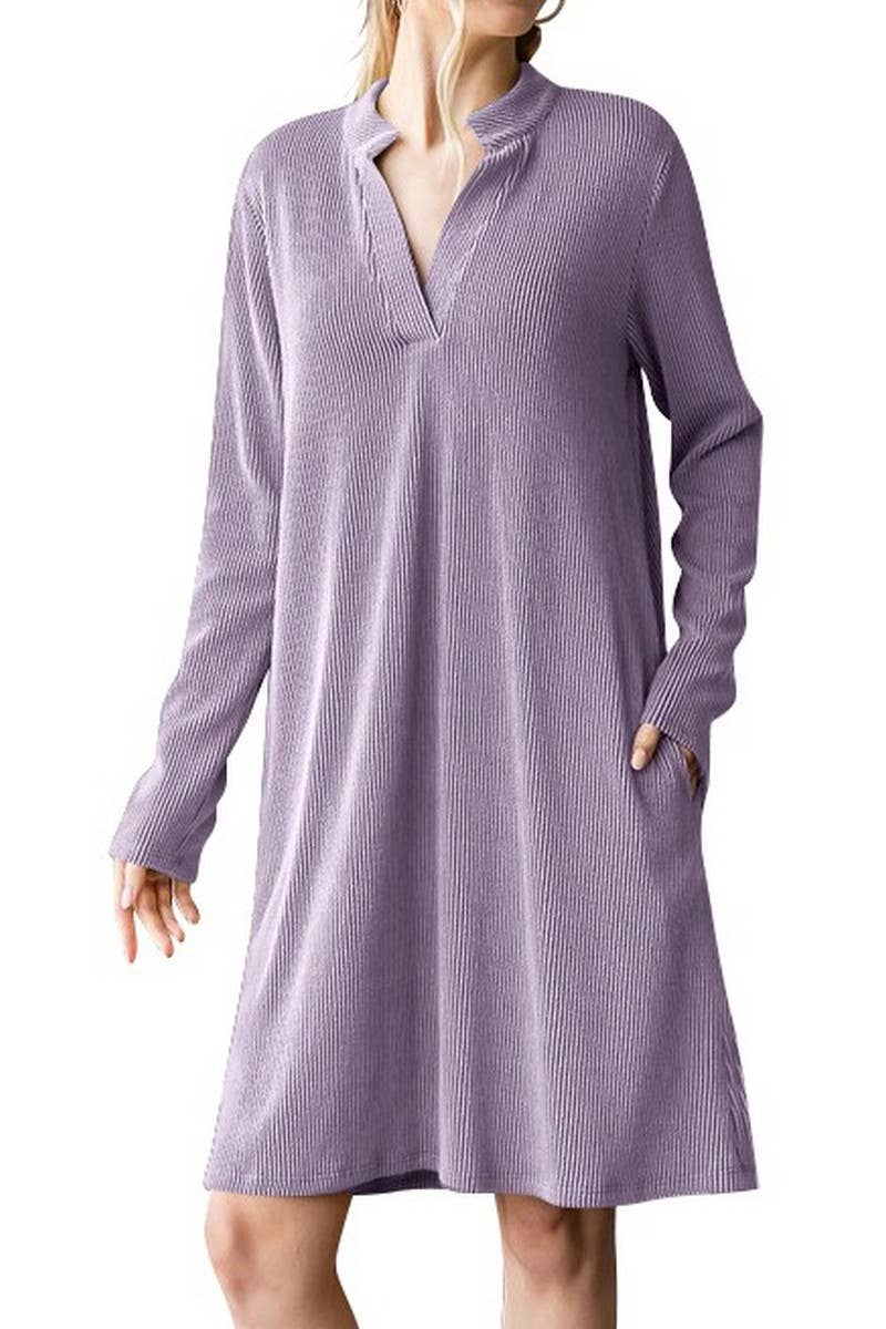 CWDSD6681_SOLID COLOR V-NECK LONG SLEEVE LOOSE DRESS