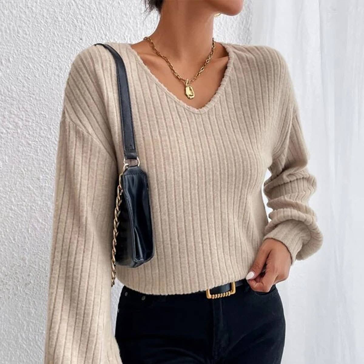 V-NECK DROP SHOULDER SLEEVED T-SHIRT LOOSE KNIT