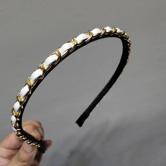 SIMPLE VINTAGE LEATHER METAL CHAIN FINE HEADBAND_CWAHA0637