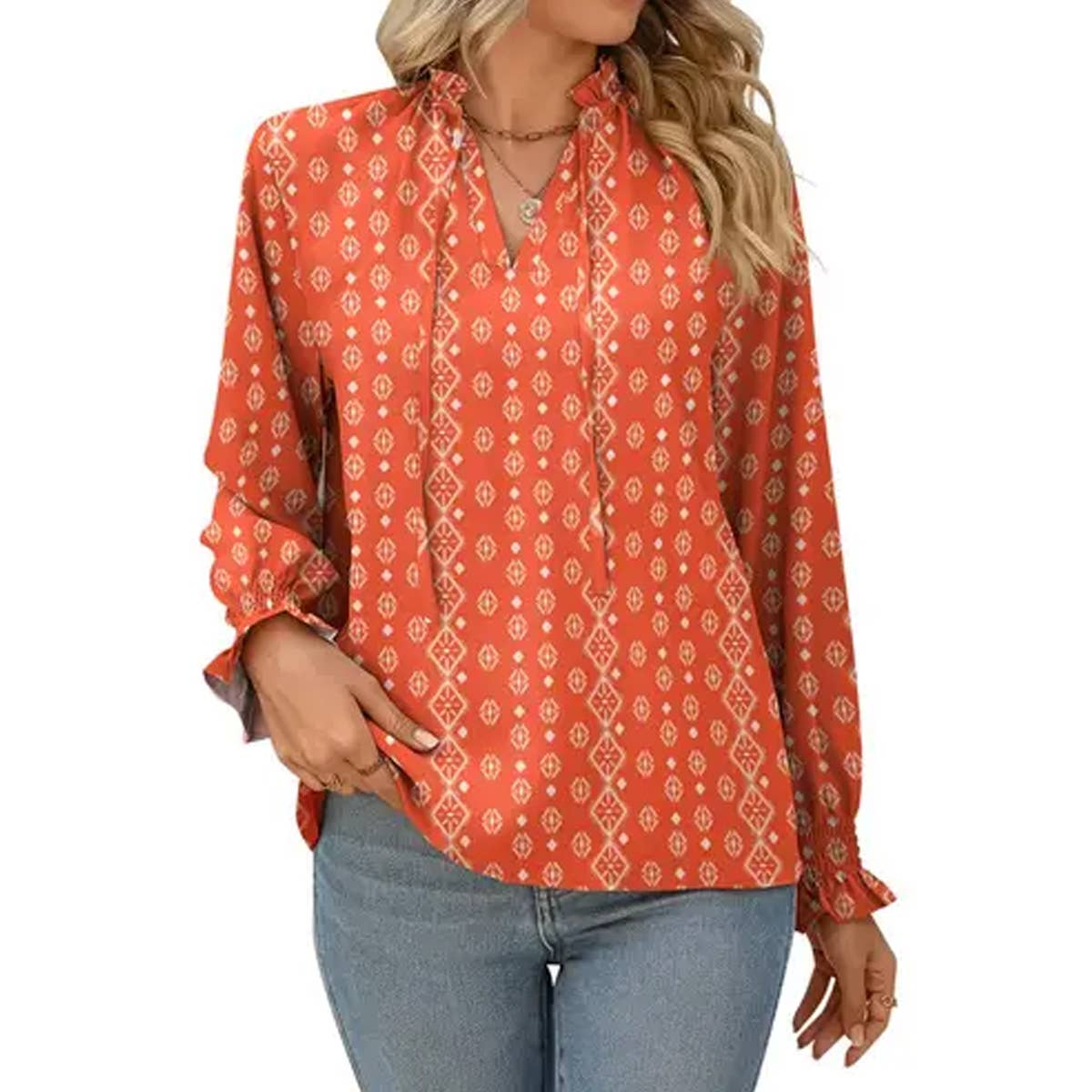 V-neck lace-up printed stand-up collar shirt