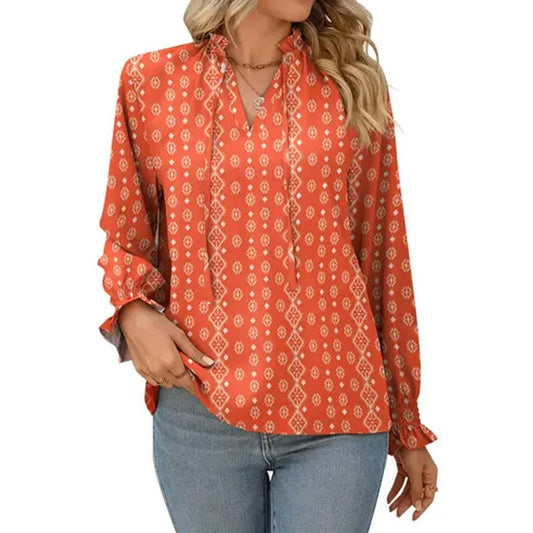 V-neck lace-up printed stand-up collar shirt
