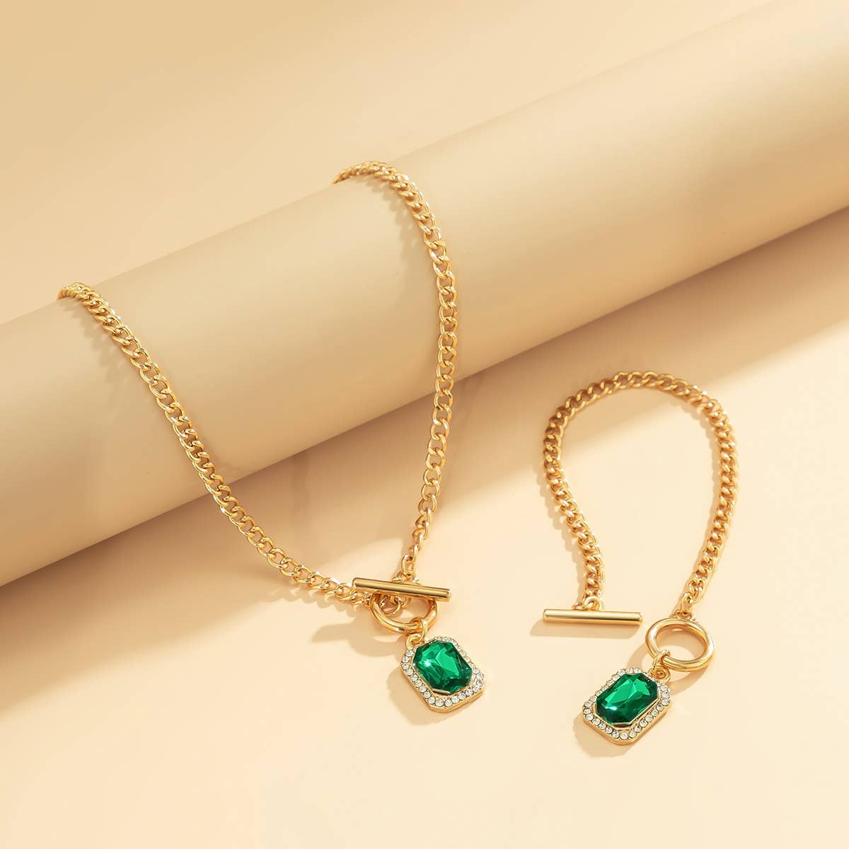 SIMPLE GREEN GEMSTONE NECKLACE BRACELET SET_CWAJE1168