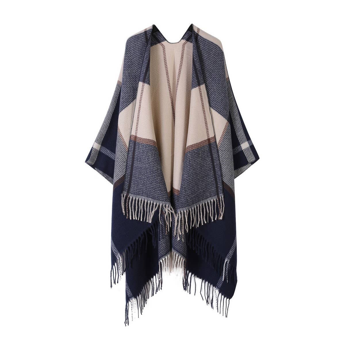FRINGED SHAWL PLAID SCARF FAUX CASHMERE SLIT CAPE
