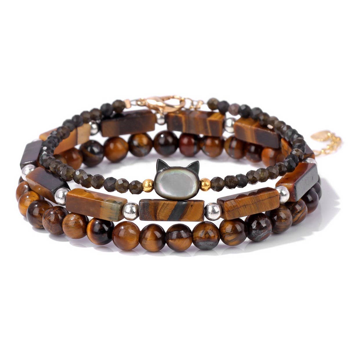CWAJE4229_STONE BEADS SHELL CAT HEAD THREE-PIECE BRACELET