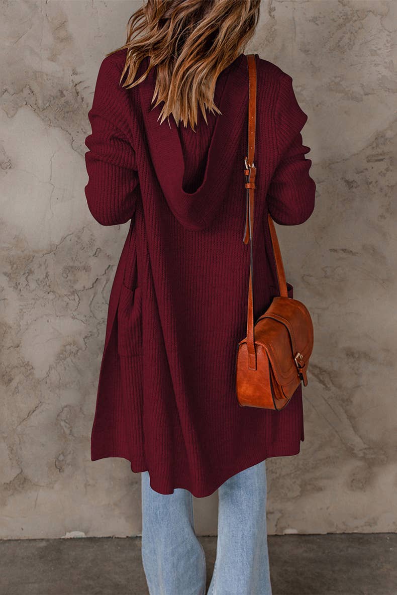 Solid-color hooded long knitted coat