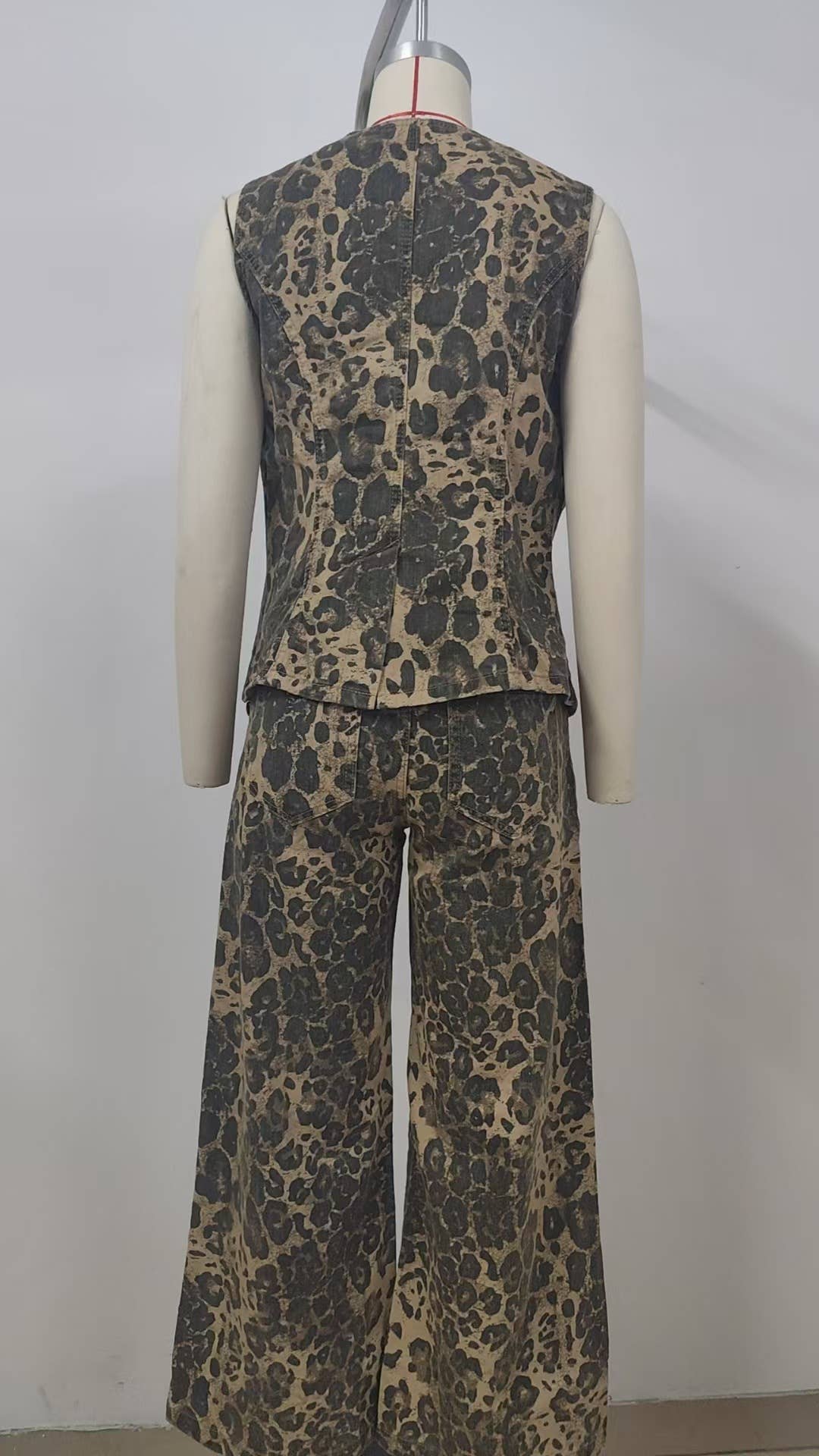 Washed American retro leopard print denim set