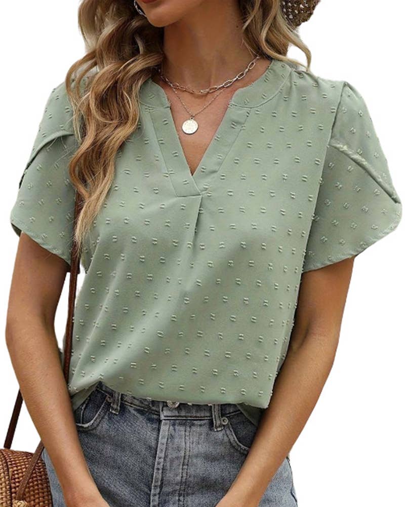 V-NECK JACQUARD SHORT SLEEVE SHIRT BLOUSE