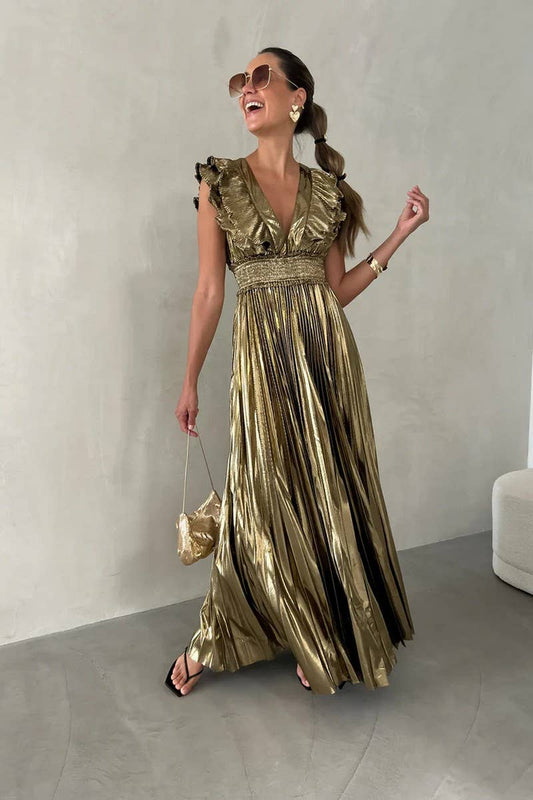 CWDMD5560_SUMMER PLEATED RUFFLED BACKLESS LACE-UP DRESS