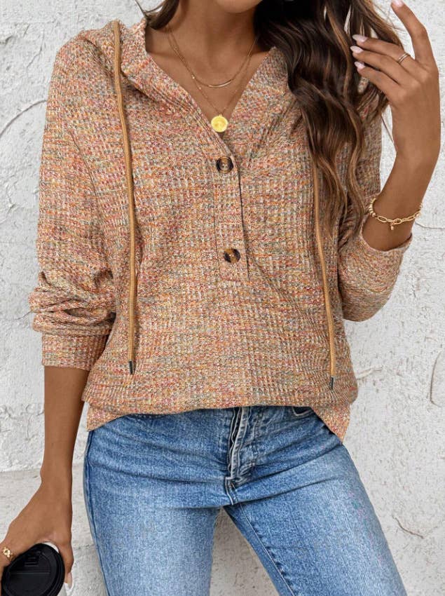 WAFFLE BUTTON-UP HOODIE LOOSE LONG-SLEEVED HOODIE