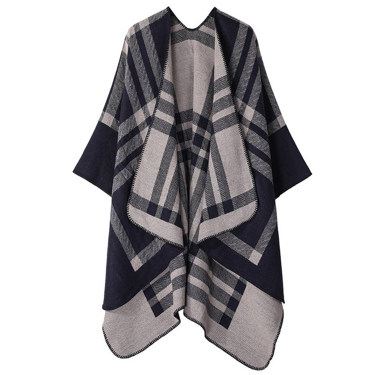 KNITTED WOOL PLAID LARGE SHAWL SCARF CLOAK