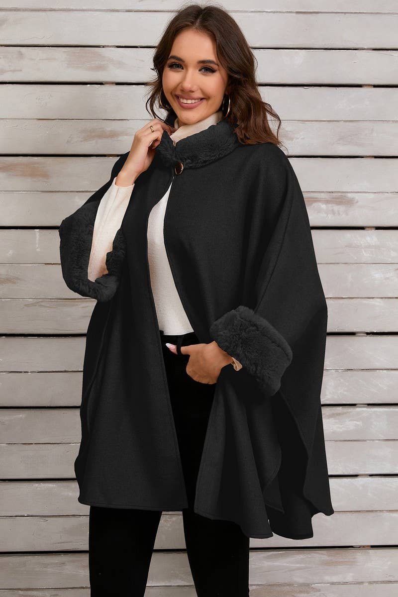 CWOCO0950_SOLID COLOR FUR COLLAR CAPE COAT