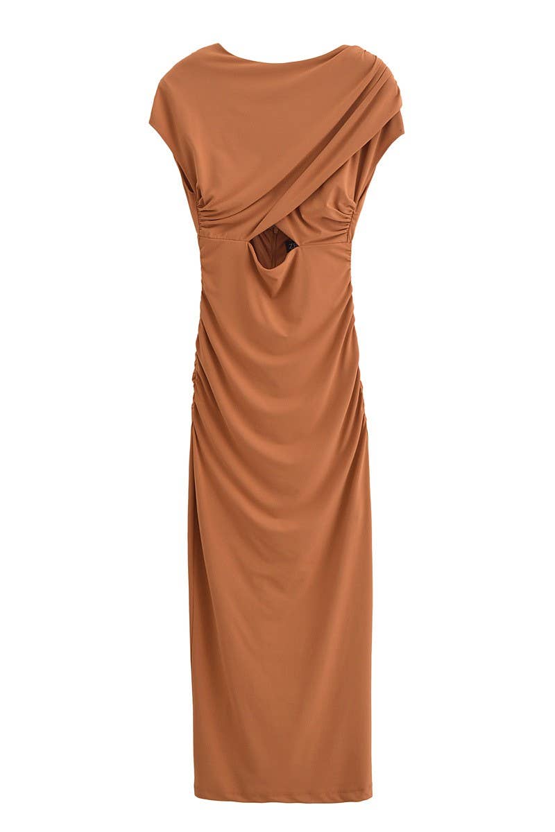 CWDMD4192_SOLID COLOR PLEATED HOLLOW BACKLESS DRESS