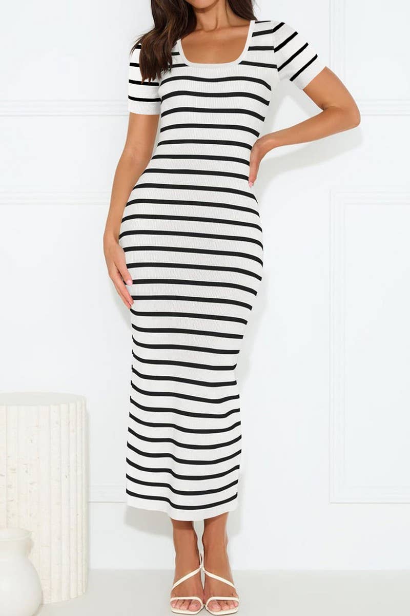 CWDMD4281_STRIPED U-NECK SHORT-SLEEVED KNITTED LONG DRESS