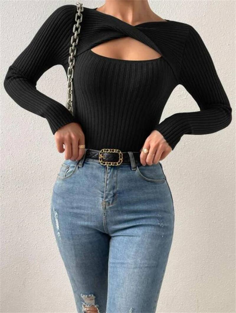 Sexy cut-out pullover solid-color knitted top