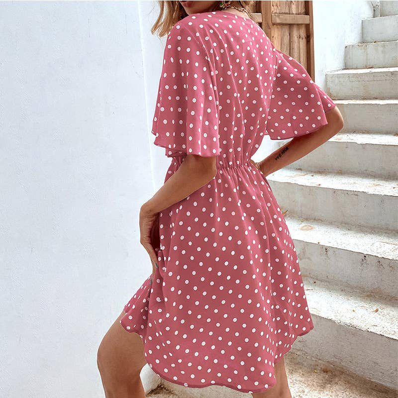 TEMPERAMENT V-NECK PRINT POLKA DOT DRESS