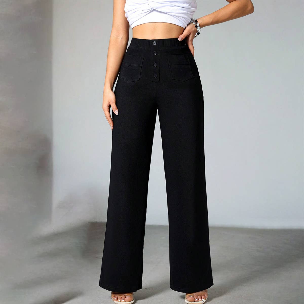 High-waisted elastic casual straight-leg pants