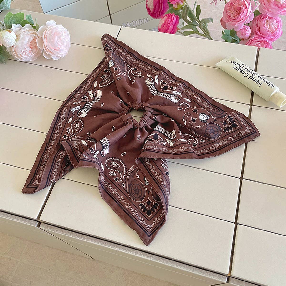 Vintage Paisley Denim Blue Bandana Hair Tie