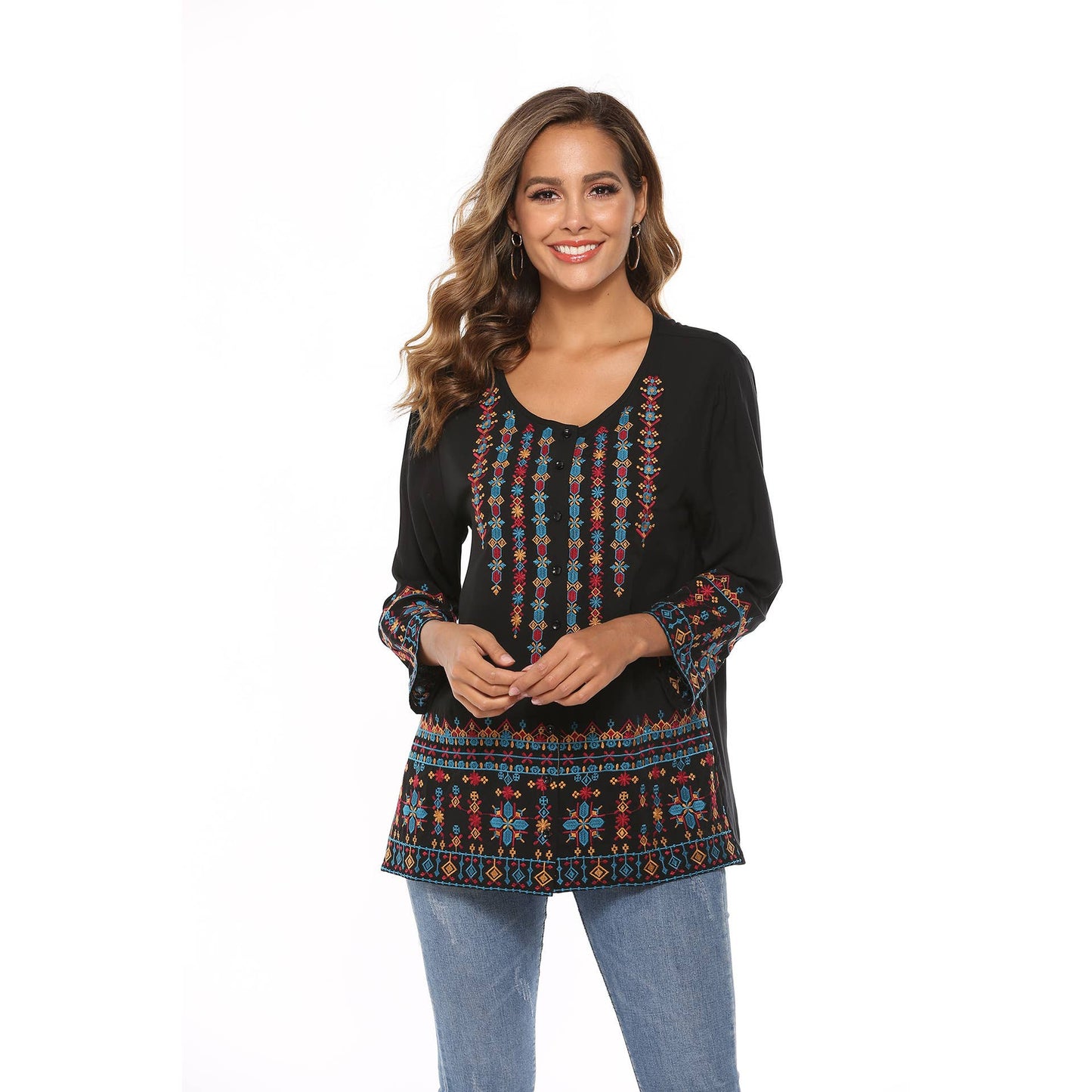 Ethnic embroidered three-quarter sleeve top