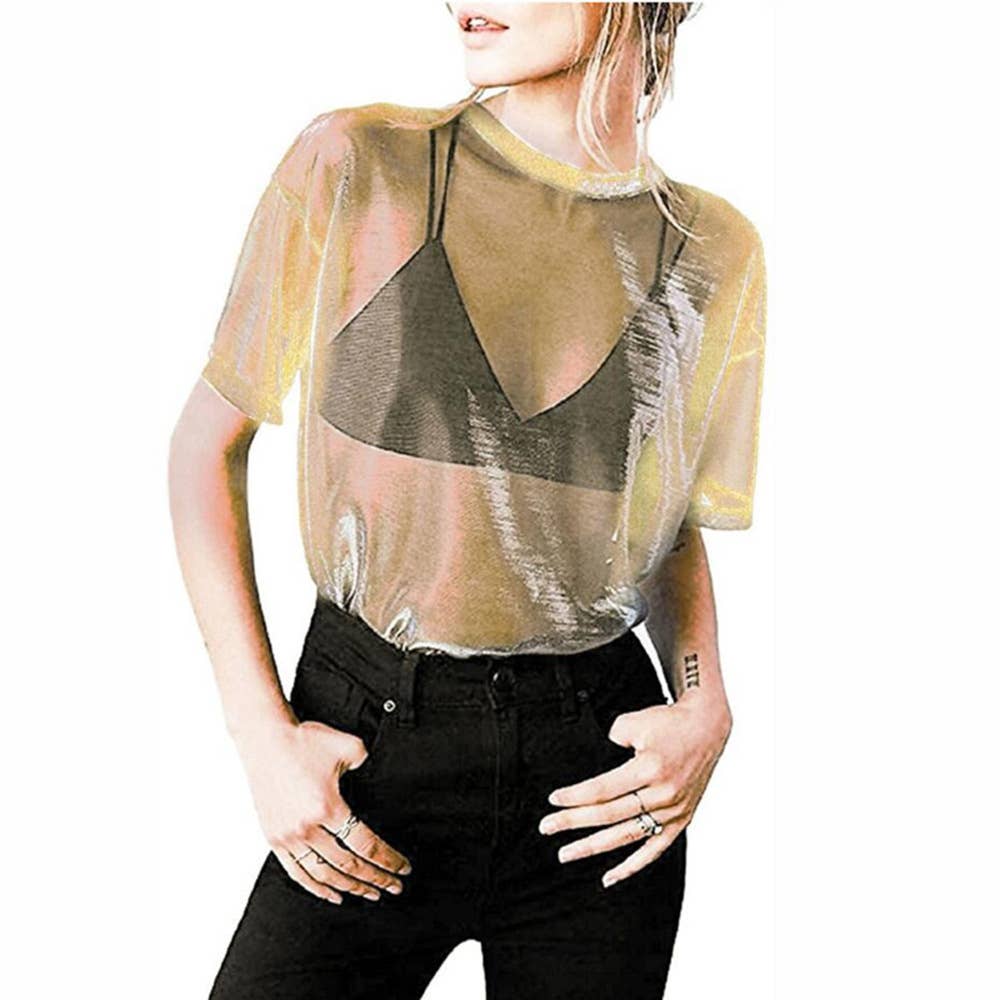 Sexy Sheer Holographic Mesh Short Sleeve Tee