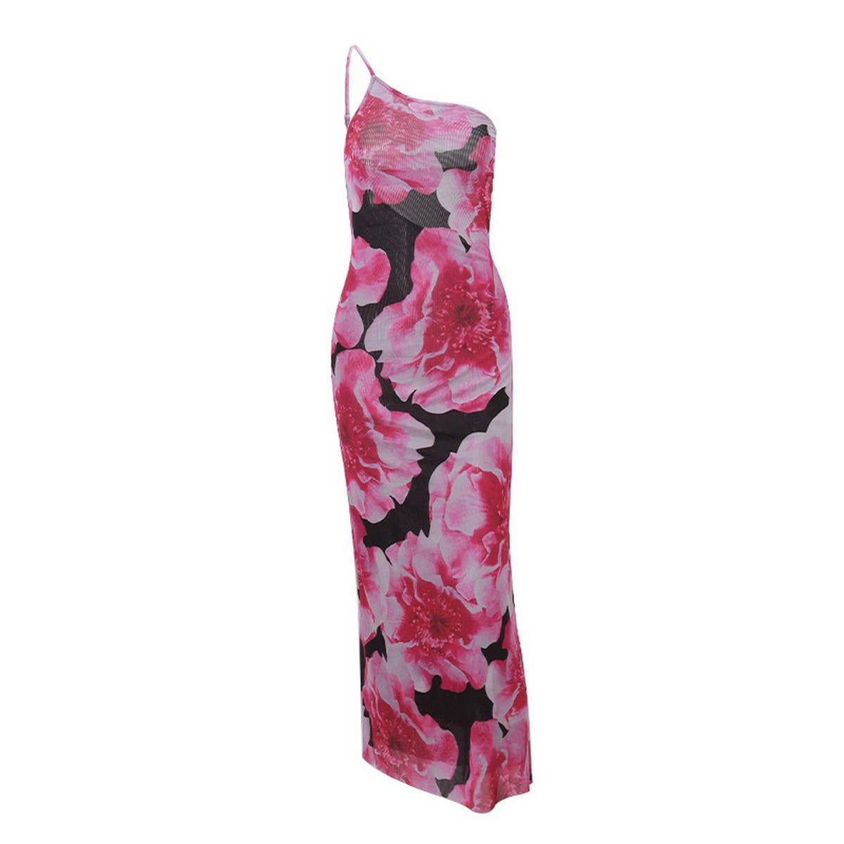 Vintage print slim-fit one-shoulder halter dress