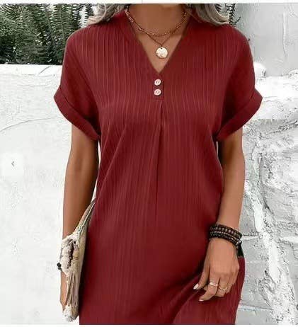 V-neck solid-color pullover casual button dress