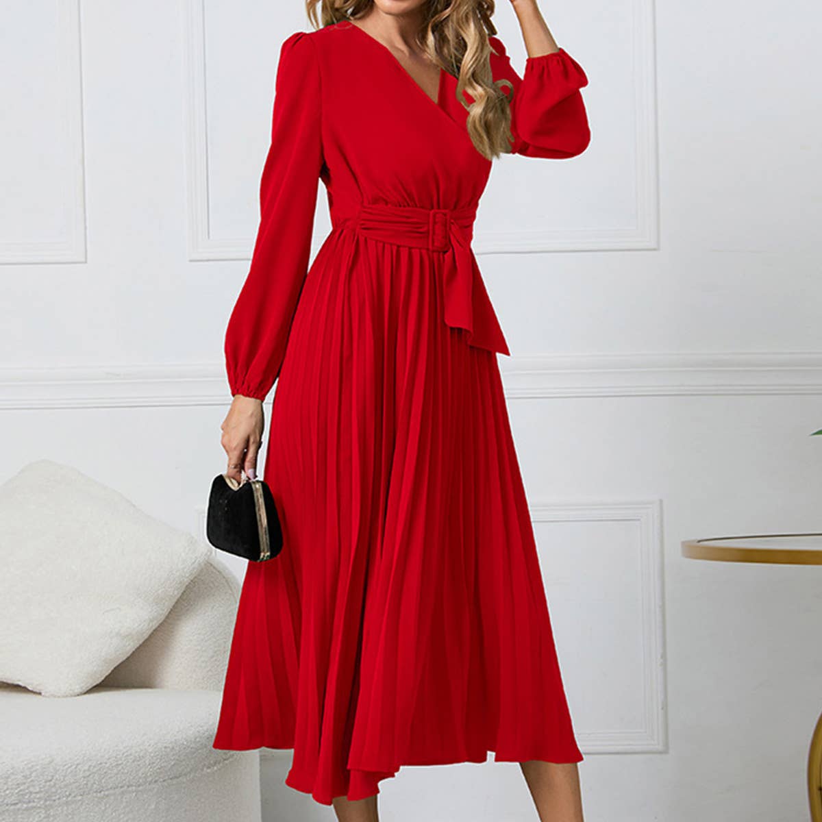 LONG SLEEVE PLEATED BELT SOLID COLOR V-NECK DRESS