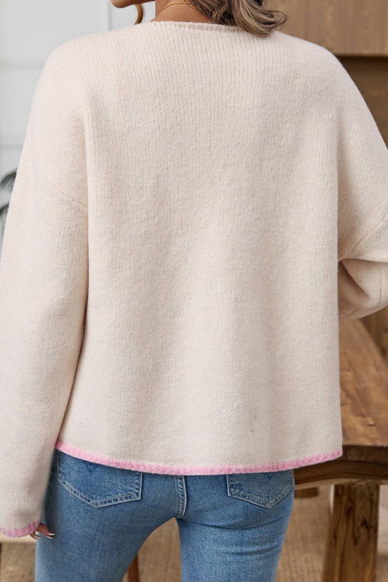 CWOCAL00719_COLORBLOCK BOW TIE LOOSE KNIT CARDIGAN TOP