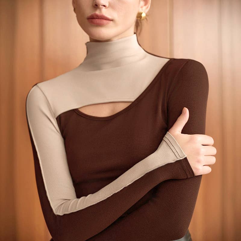 Semi-high-neck cutout waist base T-shirt