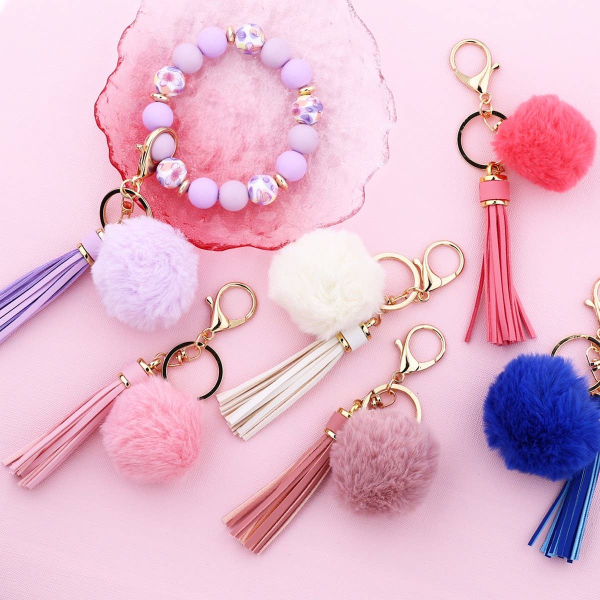 Pom-pom Tassel Keychain Silicone Bead Bracelet_CWAB5016
