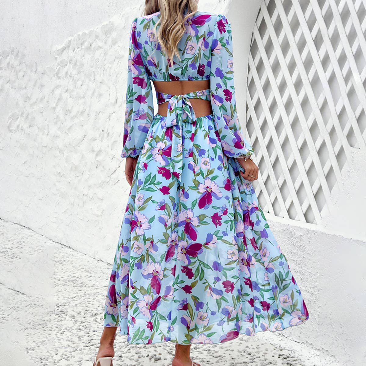 Off waist printed V-neck dress_CWDMD1497