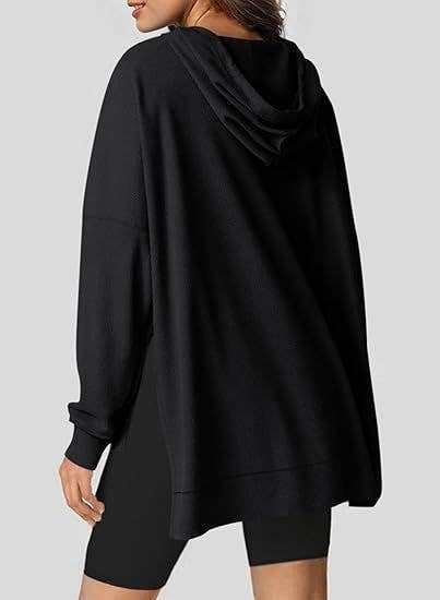 WAFFLE KNIT SIDE SPLIT PULLOVER WITH POCKETS