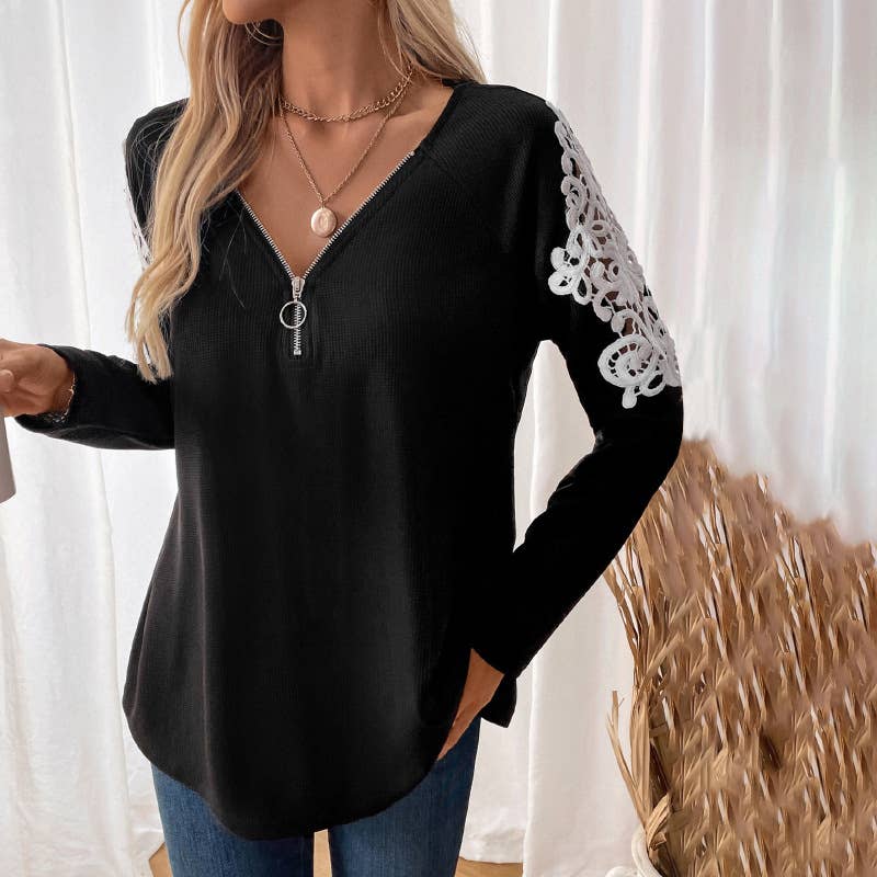 Lace patchwork long-sleeved T-shirt