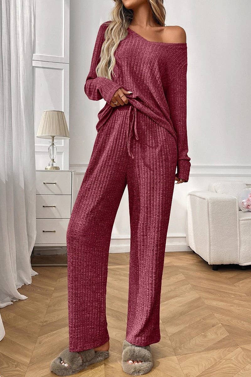 CWOSWL07636_RIBBED PAJAMA SET WOMEN LONG SLEEVE TOP AND PANT