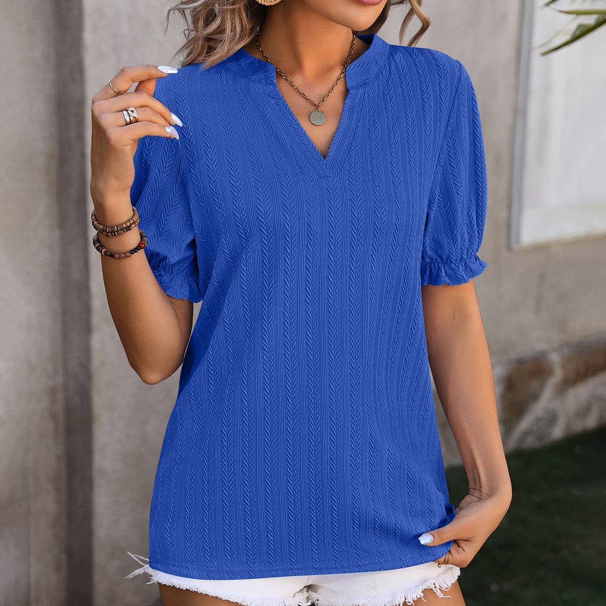 SOLID COLOR V NECK EAR OF WHEAT SHORT SLEEVED TOP_CWTTS0898